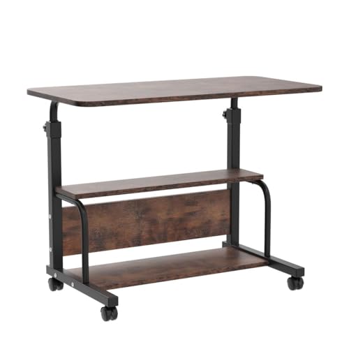 Image of QZMDSM Portable Rolling Desk on Wheels Small Standing Desk Adjustable Height Desks with Wheels for Small Spaces, 32 inch Computer Desk with Storage Shelves for Home Office Study Rustic