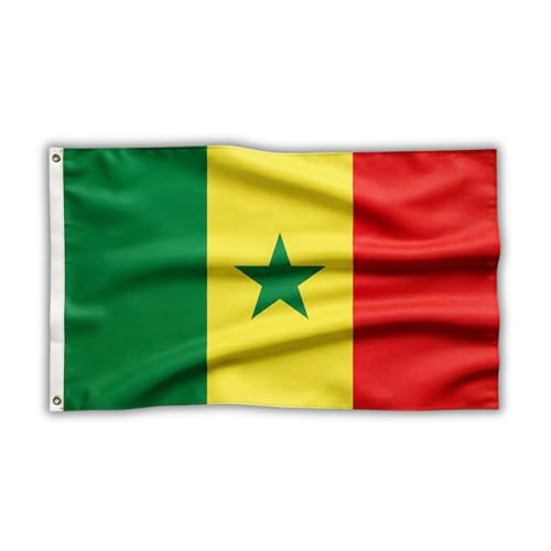 SHATCHI Grand drapeau du Sénégal en polyester avec œillets en laiton pour supporter la Coupe du Monde de la FIFA, football, rugby, vert, jaune et rouge 150...
