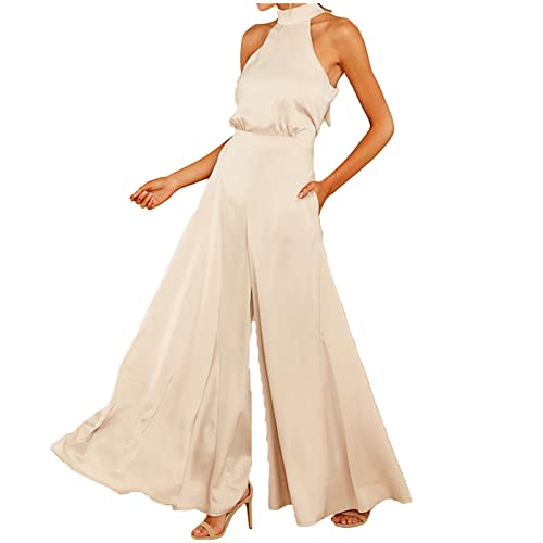 FNKDOR Schlicht Satin Jumpsuit Damen Elegant Sommer Neckholder Schulterfrei Overalls Weites Bein Romper