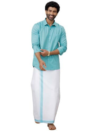 Image of RAMRAJ COTTON Men Full Sleeve Solid Shirt With Matching Border Dhoti|Ideal For Weddings And Occasion