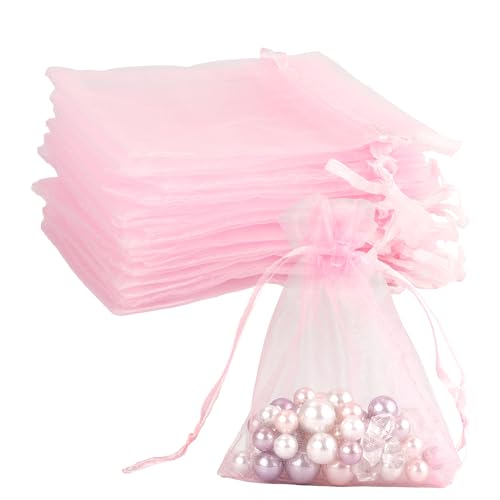 Image of BOEIAC Organza Bags - Pink Sheer Organza Gift Bags, 50 Pcs, 3 x 4 Inch, Jewelry & Party Favor Bags with Drawstring, Mesh Candy Bags for Wedding & Christmas