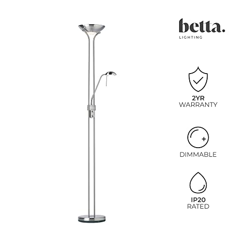 Betta Lighting Mother and Child Uplighter Floor Lamp with Reading Light – Satin Chrome with Adjustable Reading lamp - Standing Uplighter for Living Room, Bedroom, Dining Room – G9 33W and R7s 230W