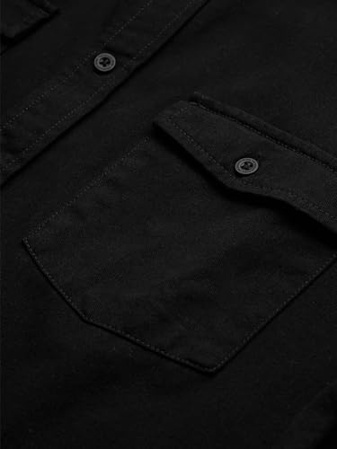 Image of The Souled Store Solids: Mystic Black Men and Boys Long Sleeve Collared Neck Button Front Solid Regular Fit Cotton Utility Shirts