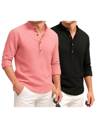 Image of DEEMOON Combo of Men's Cotton Blend Solid Regular Fit Full Sleeve Short Kurta | Men's Trendy Short Kurta Pack of 2 (Available in Plus Size & Combo Packs)