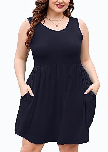 Image of AusLook Plus Size Summer Tank Dress for Women Casual Sleeveless Crewneck Pleated Babydoll Swing Sundresses with Pockets 1X-5X