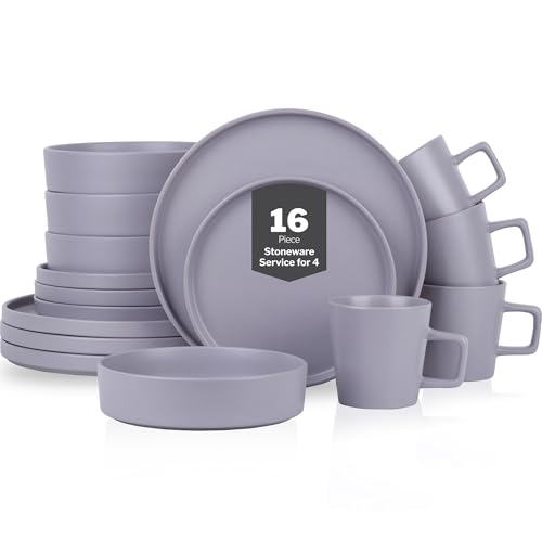 Image of Stone Lain Cleo Stoneware 16-Piece Modern Dinnerware Set, Plates and Bowls, Light Gray, Service for 4, Microwave & Dishwasher Safe
