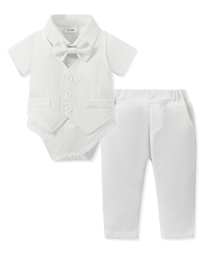 Recopilación de Ropa de bautizo para Bebé del mes. 47 SANMIO - Conjunto de ropa para bebé y niño, manga corta, camisa de vestir + chaleco, corbata, pantalones para bebé, boda, bautizo, conjunto de 0-24M, Blanco, 12-18 Meses
