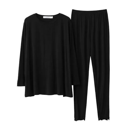 [YUSHOW] ルームウェア レディース パジャマ モダール 長袖 フレア 上下セット セットアップ 春 夏 部屋着 新生活 柔らかい 肌にやさしい 快適 ゆったり ゆるめ ストレスフリー 口コミ 休養 リラックス 韓国風 旅行Sブラック（Amazon）