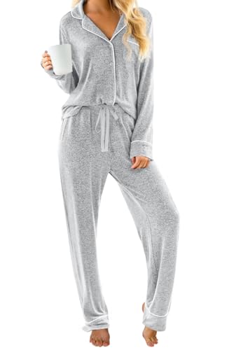 PrinStory Womens Pajama Sets Long Sleeve Pajamas Set Button Down Pjs Sets for Women 2 Piece Lounge Set