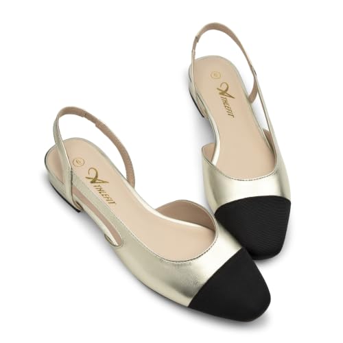 Image of Athlefit Slingback Flats for Women Square Toe Ballet Flats Work Dress Shoes | Two Toned Flats, PU leather with fabric black toe, Business casual shoes, 0.79-inch Heel, Padded insole, Comfortable, Dressy