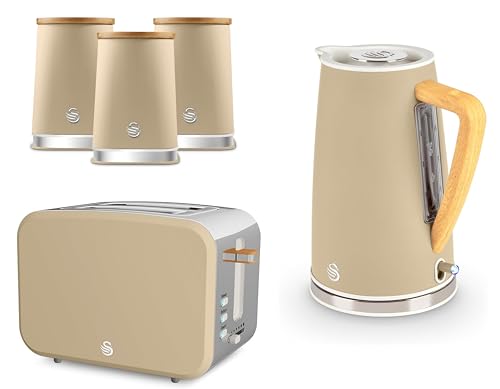 Swan Nordic Oatmeal Kettle, 2 Slice Toaster and Canisters,. Scandinavian Inspired Minimalist Design Matching Kitchen Set, Oatmeal Matt Finish, Stainless Steel Accents & Acacia Wood