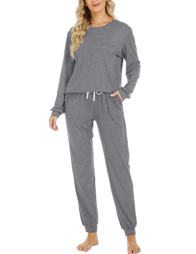 Image of LOCUBE Women's Pajama Set Soft Comfy 2-Piece Long Sleeve Lounge Sleepwear with Drawstring Pants and Pockets