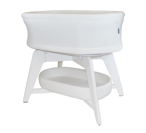 Image of TruBliss Evi Smart Baby Bassinet Beside Sleeper with Auto-Glide, Ambient Nightlight & Sensory Sounds, Compatible with Alexa and Google Home, Includes 2 Sheets (White W/White Legs)