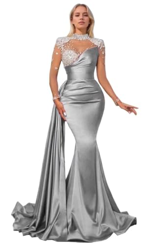 High Neck Mermaid Prom Dresses Long Sleeves Sweetheart Tulle Beaded Satin Pleated Tight Formal Dresses Evening Party Gowns