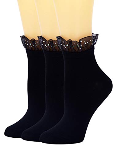 SEMOHOLLI Women Socks, Lace Ruffle Frilly Comfortable No-Show Cotton Socks Princess Socks Ankle Socks (3 Pairs-black)