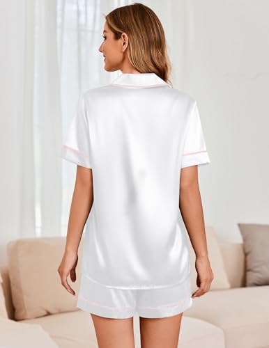 Image of Ekouaer Womens Satin Silk 2 Piece Pajamas Set Short Sleeve Sleepwear | Button Down Top and Shorts Loungewear Set for Sleep, Home, Wedding, Travel, Party, Daily Wear & Great for Sharing