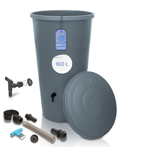 YourCasa Regentonne 160 Liter [inklusive Anschlusset & Bohrer] Regenfass Wetterfest aus Kunststoff mit Wasserhahn - Regenwassertonne - Wasserfass Regenwassertank Wassertonne für Garten (Grau, 160L)
