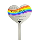 Wetterfest Grabschmuck Herz Edelstahl, Grabstecker mit Gravur, Am Ende des Regenbogens sehen wir uns...