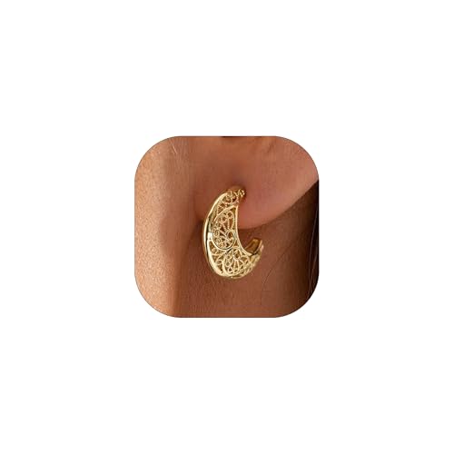 LLWOM Vintage 14k Gold Plated Crescent Moon Filigree Hoop Earrings
