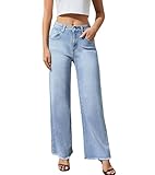 Guaile Women's Wide Leg Jeans High Waisted Strechy Jeans for Women Straight Raw Hem Loose Casual Denim Light Blue Size 2