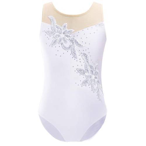 Eandarui Ballettanzug Kinder Mädchen Ärmellos Sportbody Strass Glitzer Gymnastik Trikot Mesh Patchwork Leotard Eiskunstlauf Akrobatik Anzug Weiß 134-140
