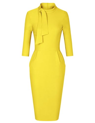 Image of MUXXN Women's Midi Pencil 1950s Vintage Cocktail 3 /4 Sleeve Tie Neck Bodycon Mid-Calf Dress with Pockets