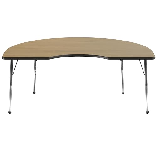 Image of FDP Kidney (48 x 72 inch) Collaborative Classroom Table with Adjustable Standard Ball Glide Legs (19-30 in); School and Office Furniture - Pasadena Oak Top /Black Edge and Legs