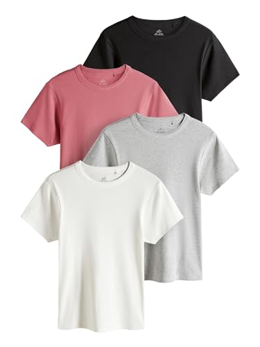 THE SET Damen ck gerippte Kurzarm-T-Shirts Schwarz/Rose Pink/Creme/Hell Grau L