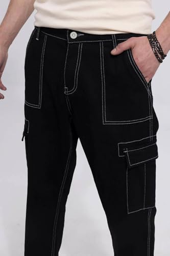 Image of Men's Straight Fit Denim Cargo Pants - Casual Multi-Pocket Work Jeans