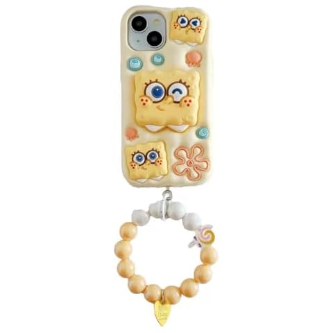 Soft Silicone Phone Case with Stand Beads Wristlet Strap for Apple Sponge Starfish Octopus 3D Cartoon Anime Ocean Sea Yellow Super Cute Lovely Fashion Fancy Adorable Kids Girls (for iPhone 14 Pro Max) Cover