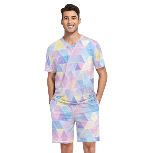 Colorful Triangle Men’s Pajama Sets Short Sleeve Shirt and Pants with Soft Touch Fabric