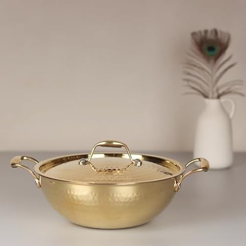 Swadeshi Blessings Exclusive Range Brass Kadai for Cooking with Lid/Teflon-Free/Naturally Non-Stick Brass Utensils with Tin Coating (3 Litres) Cover