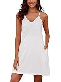 Marvmys Ladies Sleeveless House Dress Nightgown Cotton Slip Dress Cami Short Sleeping Dress Nightie White M