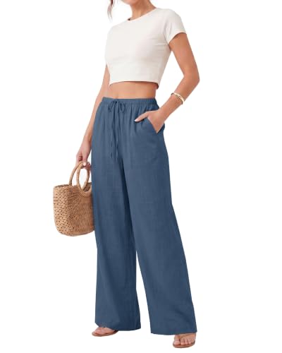 Image of ZOOSIXX Wide Leg Pants for Women - Palazzo Flowy Lounge Lightweight Summer Drawstring Trousers with Pockets Beach Vacation