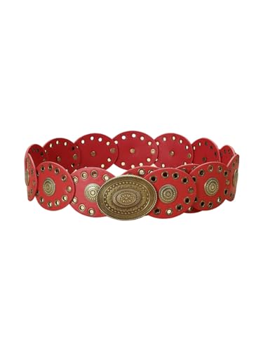 Women's Grommet Eyelet Wide Disc Belt Boho Cowgirl Vintage Western Metal Buckle Leather Concho Waist Belts