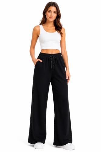 Image of Women's Cotton Wide Leg Track Pants | High Waist Palazzo Trousers with Elastic Drawstring