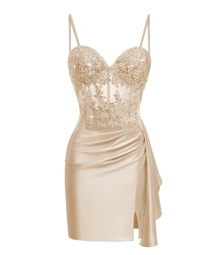 Miao Duo Teens Lace Appliqued Satin Short Tight Homecoming Dresses Spaghetti Strap Mini Cocktail Party Dress YZTS1144