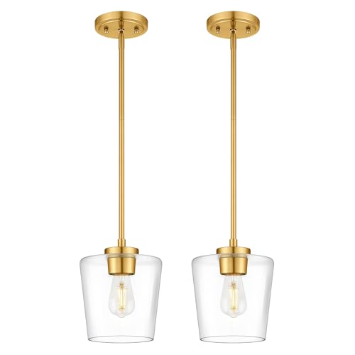 Image of 2-Pack Gold Pendant Lights Kitchen Island, 8 inch Clear Glass Shade | Modern Hanging Light Fixture for Dining Room, Adjustable Height, E26 Base, Brushed Gold, AD-22004-1P2L-GD
