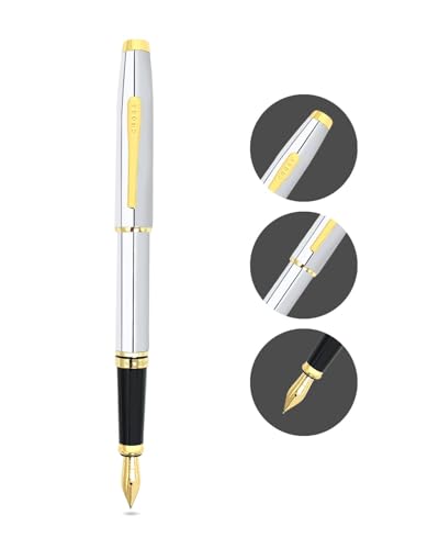 Image of Cross Coventry Polished Chrome with Gold-Tone Fountain Pen - Fine Nib, Refillable, Luxury Gift Box