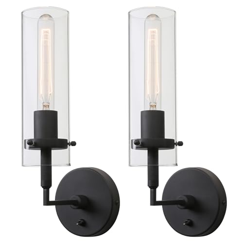 Image of Phansthy Wall Sconces with Switch Set of 2, Modern Bathroom Sconce Wall Lighting Vanity Light with Clear Glass, Wall Mount Lights for Living Room Corridor Mirror Bedroom Stairs (Black 2 Pack)