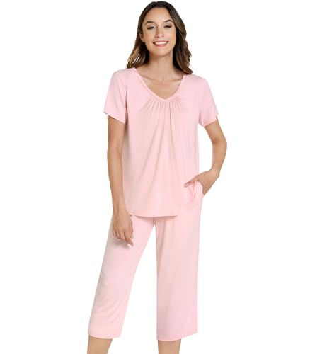 Image of NACHILA Pajamas Set for Women-Viscose Made from Bamboo, Short Sleeve Sleepwear Soft Capri Pants Pajamas with Pocket Cool Pjs