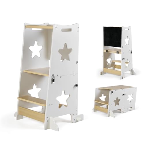 MS BabyWorld – Learn Up – Torre de Aprendizaje Montessori | Convertible en Escritorio con Pizarra y Taburete | Madera Maciza | Barra de Seguridad | Plegable
