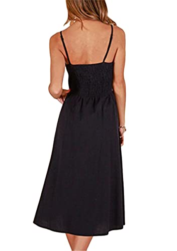 Image of YMING Womens Summer Spaghetti Strap Dresses Button Down Floral Sundress High Waist Swing Midi Dress with Pockets