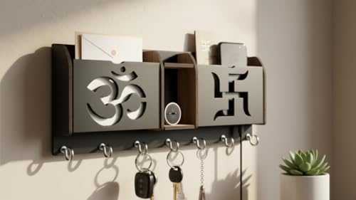 Image of Wooden Key Holder for Wall with Om & Swastika Design | 7 Metal Hooks & Dual Mail Organizer Pockets | Wall Mount Key Hanger & Letter Stand for Home Decor, Entryway, Office & Living Room Matte Black