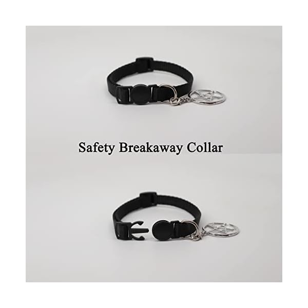 Black cat collar with wiccan pagan pentacle silver finish on safety breakaway collar adjustable neck size 8 to 12 inches - image 5
