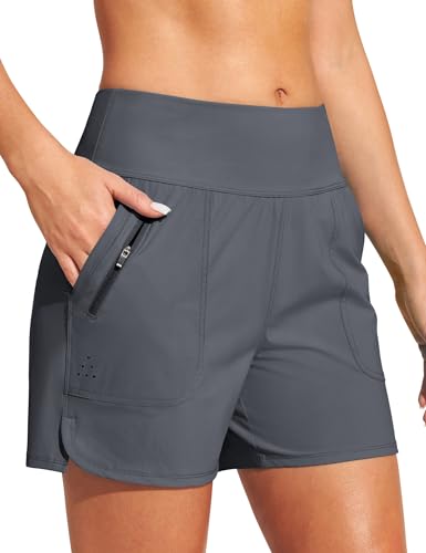 Image of Heathyoga 5 inch Swim Board Shorts Women Stretchy High Waisted Bathing Suits Bottoms Quick Dry UPF 50+ Beach Shorts with Liner