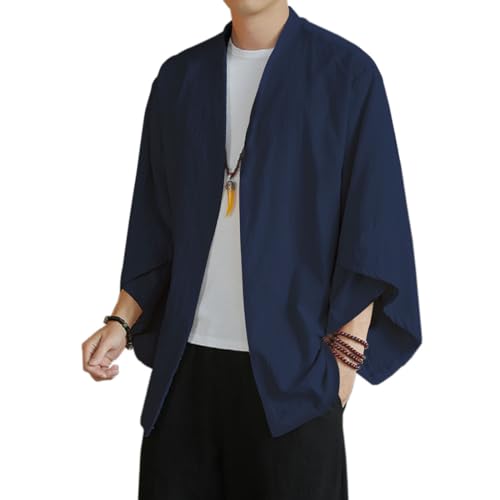 HZCX FASHION Men's Kimono Cardigan Lightweight Jackets Linen Haori Samurai Robe(Navy,L)