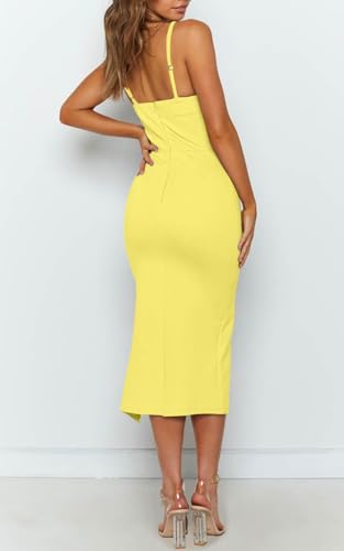 Image of OWIN Women's Adjustable Spaghetti Straps Sleeveless High Waist Split Midi Bodycon Cocktail Party Dress