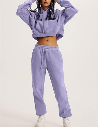 Flygo Womens Fleece 2 Piece Outfits Sweatsuit Crop Pullover Sweatshirt Joggers Pants Tracksuit Set