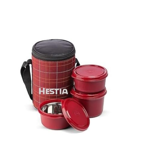 Image of Stainless Steel Lunch Box with Bag (400ml, 600ml, 250ml) | Microwave Safe Office Lunch Box with Bag | 3 Containers Tiffin Box Set for Office, School & Travel (Red)
